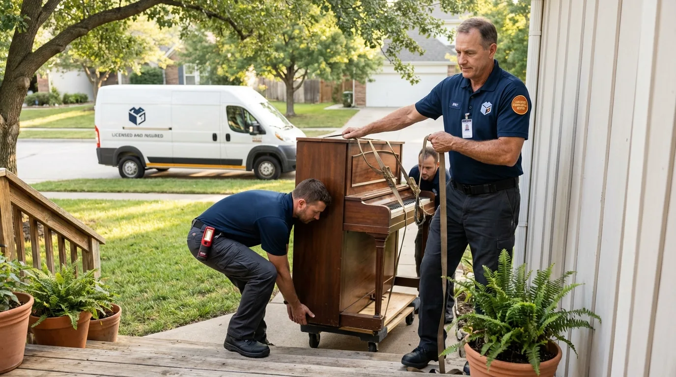 Licensed piano movers securing grand piano in Stoneville, NC
