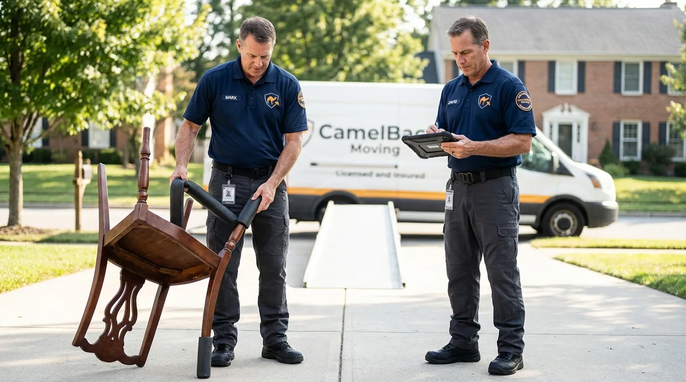 Movers inspecting furniture for damage prevention before loading in Stoneville, NC