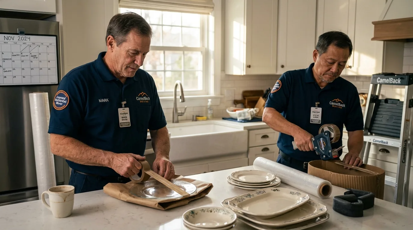 Professional crew packing kitchen dishware in Stoneville, NC